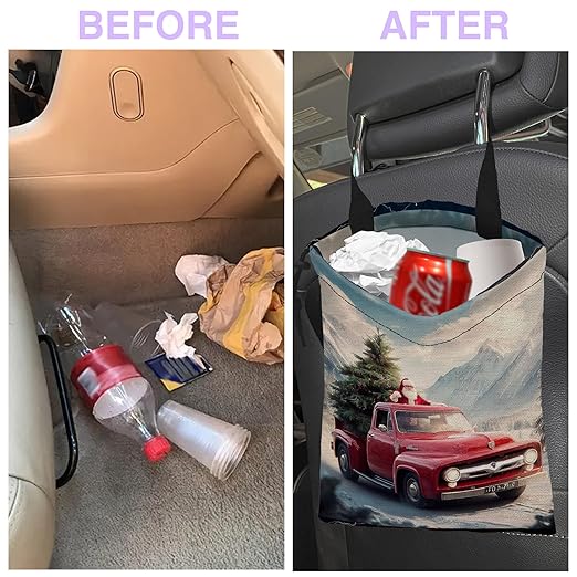Car Trash Bag Hanging Santa Claus Red Truck Car Trash Can for Back Seat Waterproof Car Trash Bin with Adjustable Straps and Drawstring for Car Accessories Vehicle Travelling Camping