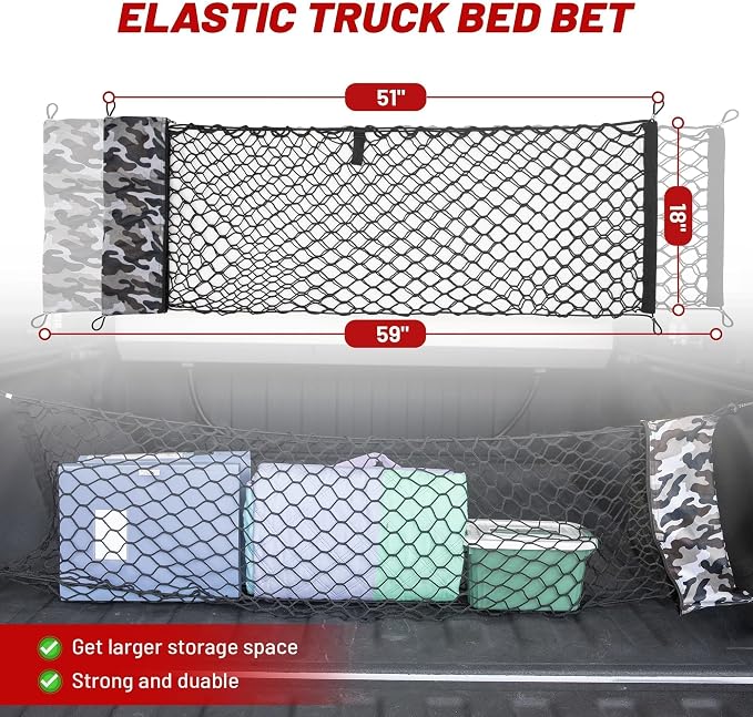 RED WOLF Truck Bed Cargo Net with Storage Bag Fit for GMC Sierra/Chevy Silverado/Ford F-150, Universal Envelope Style Pickup Truck Elastic Organizer Net Groceries Storage Netting