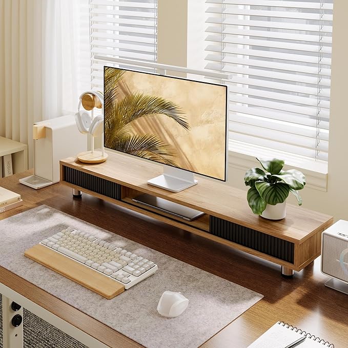 Fenge Dual Monitor Stand, 42.5inch Long Monitor Stands Riser for 2 Monitors, Sliding Door with Storage Organizer Stand for Desk, 2 Tier Desk Shelf for Laptop, Pc, Printer, Computer, TV