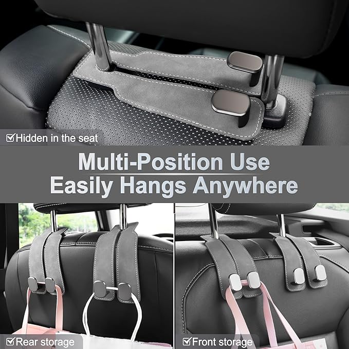 LivTee Headrest Purse Hook for Car, Seat Hook Hangers Storage Organizer for Bags and Coats Holder, Upgrade Leather Double Hook and Mobile Phone Holder for Universal Vehicle Car Accessories (Grey)