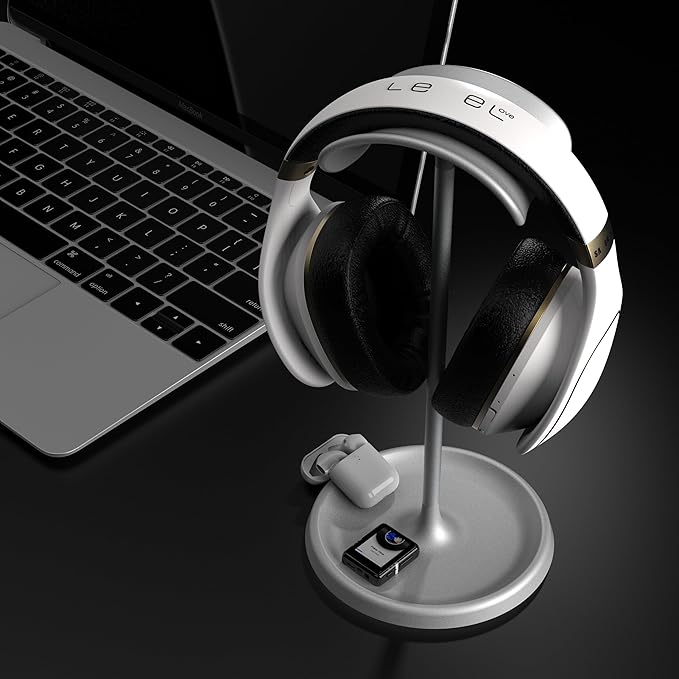 Headphone Stand, Headset Holder Desk, Gaming Earphone Stand with Aluminum Supporting Bar, ABS Headrest and Base with Metal Counterweight for All Headphone Size (Silver)