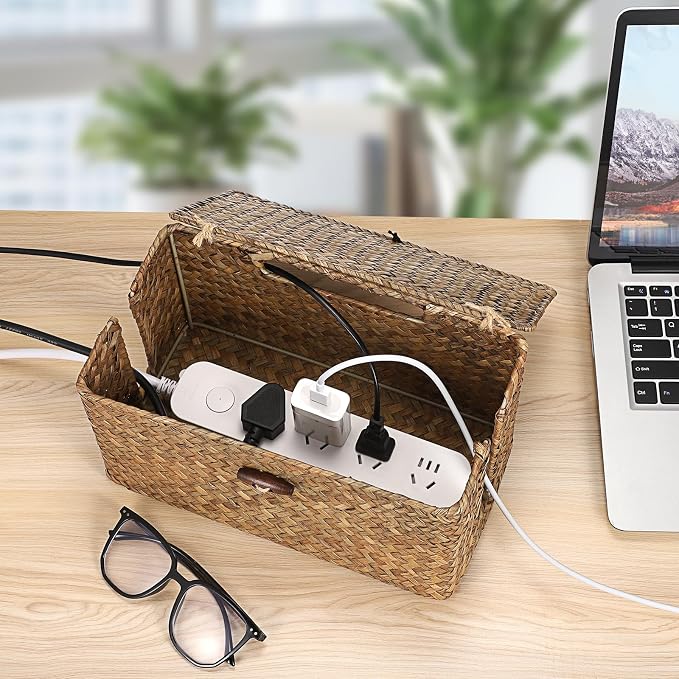 BTSKY Woven Cable Management Box with Lid, Seagrass Cord Organizer with 2 Open Slots for Power Strips & USB Hubs, Under Desk Cord Hider Box for Home Office, Pet Proofing Wire Basket, Small