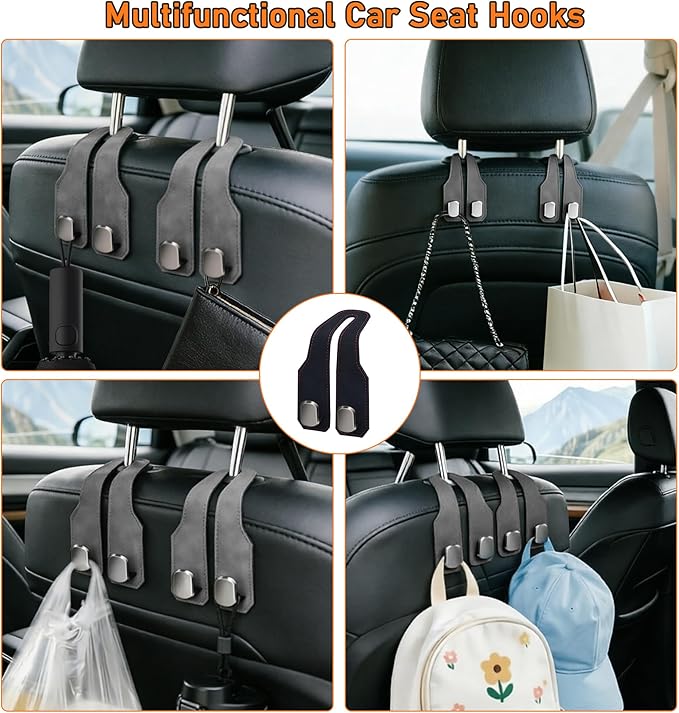 2 Pack Leather Car Headrest Hooks, Double Hook Heavy Duty Purse Holder, 360° Rotating Seat Back Organizer Holds 55 lbs for Handbags, Grocery Bags, Universal Fit Car Accessories, Gray