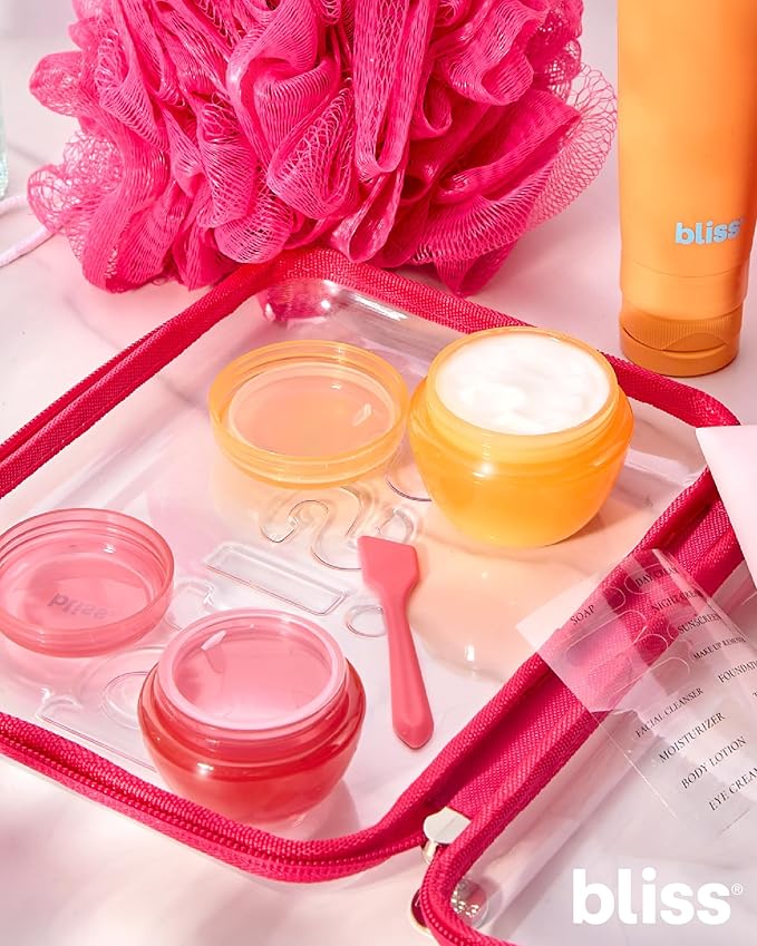 Bliss Travel Bottles Set - 4/7/10 Piece TSA Approved Leak-Free Refillable Travel Size Toiletries Containers for Skincare, Lotion, Shampoo, and Conditioner, 7pc Amalfi Vibes