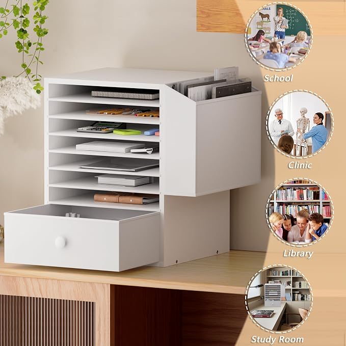 Unionly Wooden 12X12 Scrapbook Paper Organizer,7 Tier Adjustable Desktop File sorter with drawer,Craft&Stamp Cardstock Storage with Side Pocket&Name Slots for classroom,home offce,White