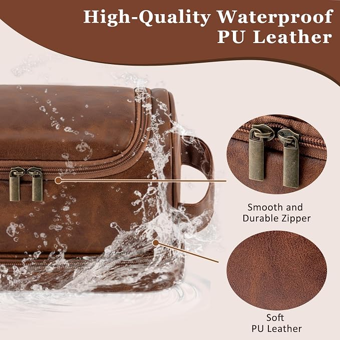 Toiletry Bag for Men Travel Essentials Shaving Dopp Kit with Hanging Hook, Waterproof Toiletry Bag with Dry Wet Separation, PU Leather Travel Organizer for Camping Business, Reddish Brown