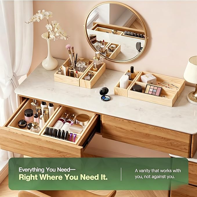9-Pack Solid Wood Junk Drawer Organizer, Modular Desk Drawer Tray & Accessories with Non-Slip Pad, Multi-Use for Kitchen, Office, Bedroom Dresser, Utensil, Makeup, Stationery, Tea Bags & Coffee Pod
