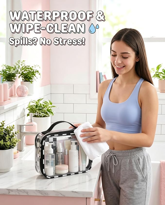 LETGO Clear Checkered TSA Approved Toiletry Bag,Diaper Bag Organizer Pouch Set,Clear Waterproof Makeup Bags with Zipper,Purse Organizer Pouches,Travel Organizer Bags for Woman and Kids