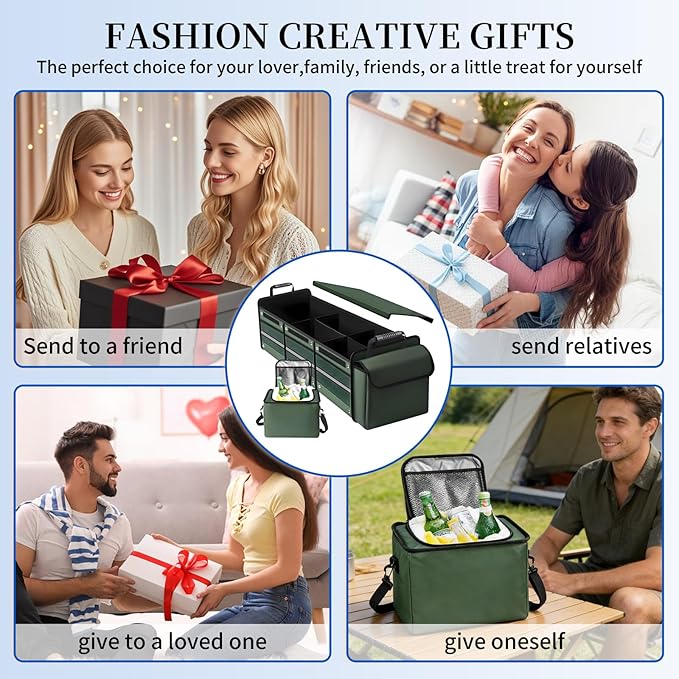 Collapsible Trunk Organizer for Car with Insulated Leakproof Cooler Bag, 3 Compartments SUV Cargo Organizer w/Removable Dividers, 5-in-1 Storage w/Foldable Lid & 2 Tie-Down Straps (Green)