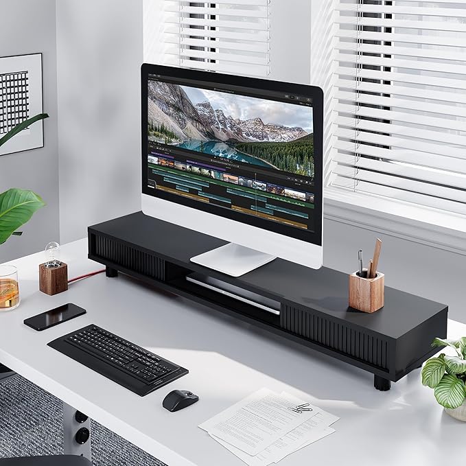 Fenge Dual Monitor Stand, 42.5inch Long Monitor Stands Riser for 2 Monitors, Sliding Door with Storage Organizer Stand for Desk, 2 Tier Desk Shelf for Laptop, Pc, Printer, Computer, TV