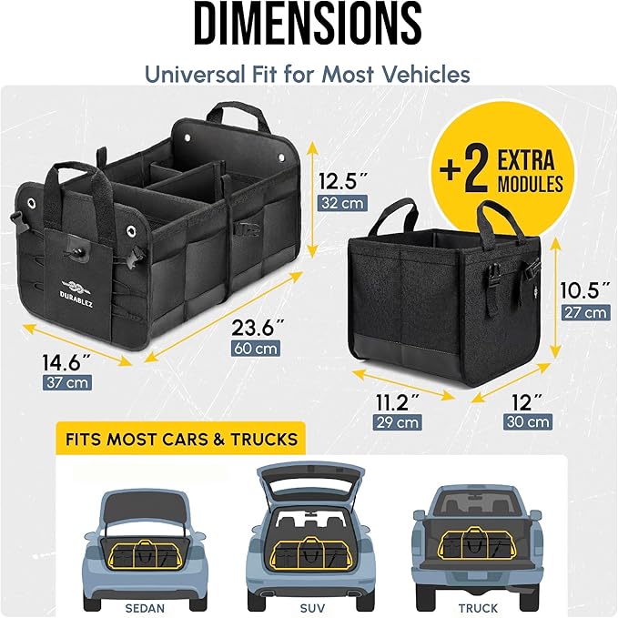 XL Modular Trunk Organizer System – 4 Section Extra Large Car Cargo Organizer for SUVs, Trucks & Cars – Foldable Multi-Compartment Storage, Heavy Duty 1680D Oxford – Black