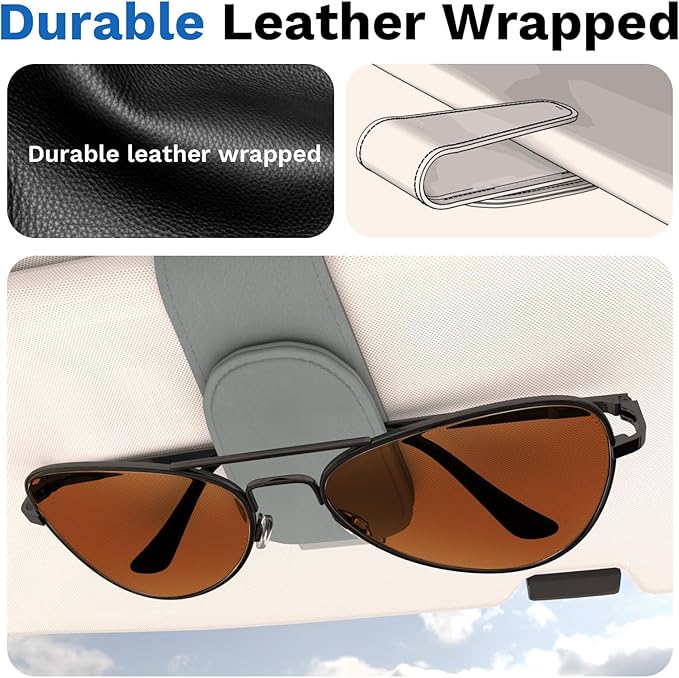 BFXM Sunglass Holder for Car, Sunglasses Holder Eyeglass Hanger Clip Magnetic Leather for Car Visor, Cars Sun Visor Ticket Card Clip