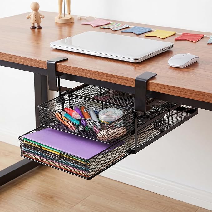 Cedilis Under Desk Drawer Organizer Slide Out, 2-Tier Metal Under Table Storage Drawers Clamp On for Home Office, Black, No Drilling