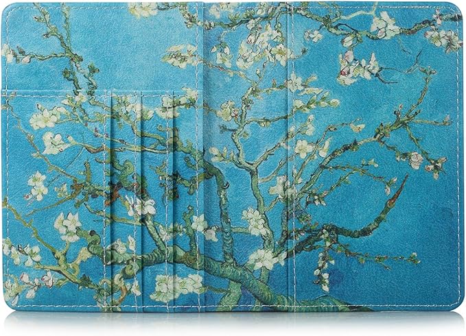 Passport Holder, Slim Travel Wallet RFID Blocking Card Case Passport Cover Protector Travel Essentials with Credit Card Slots Pockets for Women/Men, Almond Blossom Tree