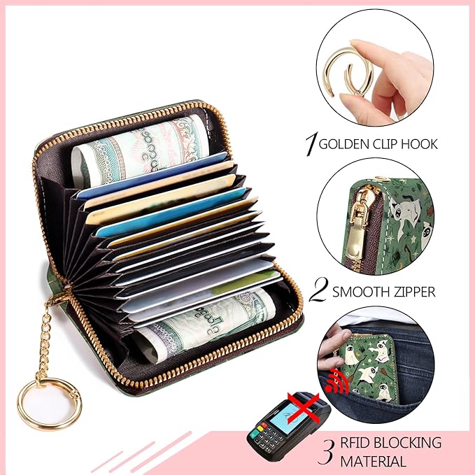 Blusabaca Halloween Spooky Cute Cat Credit Card Holder for Women, Witch Magic Small RFID Wallet, Zipper Keychain Wallet, Leather Card Case, RFID Blocking Accordion Wallet Holiday Gift