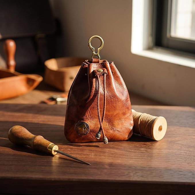 PU Drawstring Coin Purse, Vintage Faux Leather Pouch with Antique Brass Clasp, Portable Drawstring Coin Bag for Coins/Cash/Small Essentials(Brown)