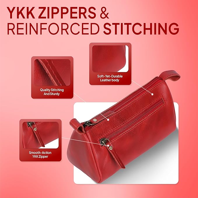Leather Makeup Bag for Women – Genuine Leather Cosmetic Bag Travel, Handmade Zippered Makeup Pouch, Small Toiletry Bag, Shaving Kit & Stationery Organizer- Red