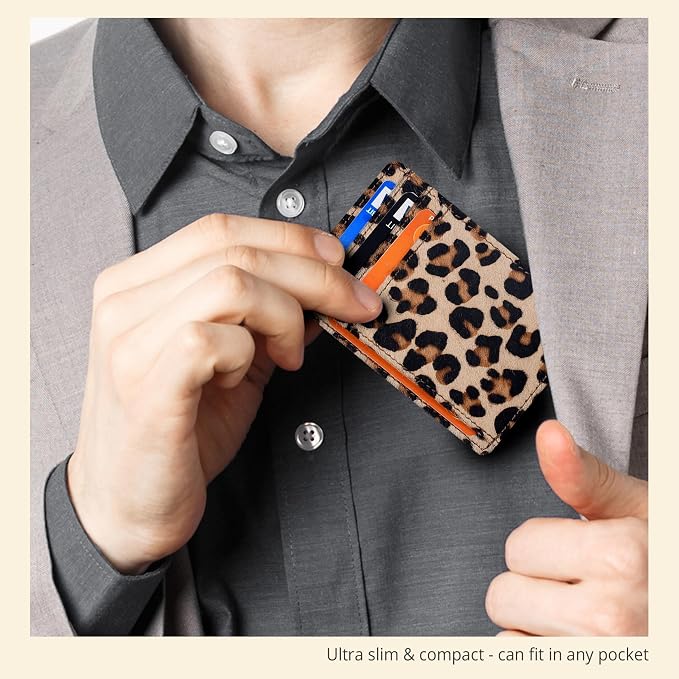 Oak Leathers Leather Slim Minimalist Wallet for Men & Women RFID Front Pocket Leather Card Holder Wallets (Small Leopard)