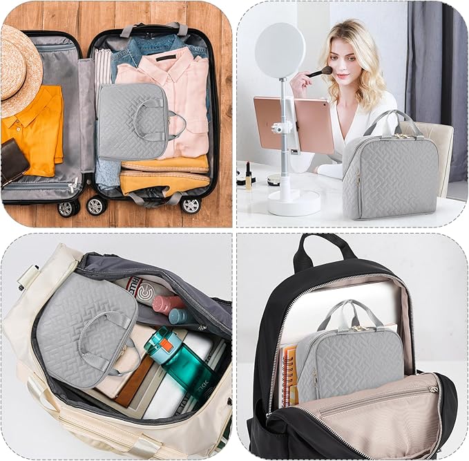 Makeup Bag, Stand up Large Capacity with Room for Brushes and Mirror, Travel Makeup Organizer, Portable Standing Make Up Case, Waterproof Cosmetic Toiletry Bags with Handle, Color Grey
