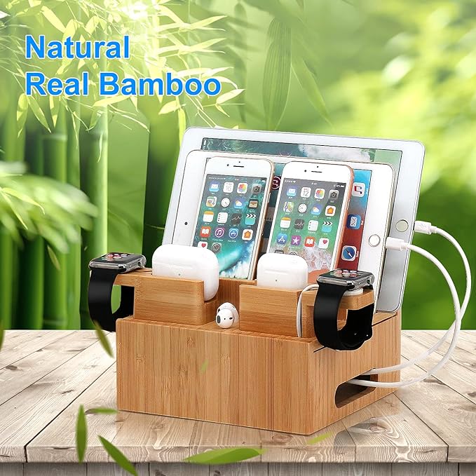 Pezin & Hulin Bamboo Charging Station for Multiple Devices, with Power Charger, Wire Cables 5 Pack, Compatible with Multi Phones & Tablet, for Earbuds & Smart Watch
