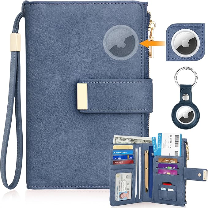 HUANLANG Passport Holder with Airtag for Women/Men, Airtag Passport Wallet for Travel Leather Passport Holder RFID Blocking,Travel Passport Walelt with Credit Card Holder