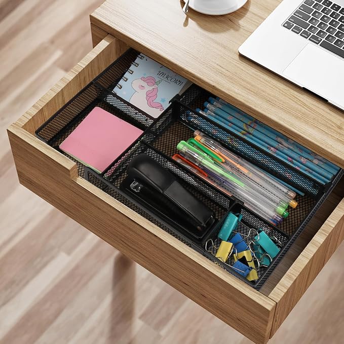 Desk Drawer Organizer Tray with 2 Adjustable Compartments, Metal Mesh Drawer Organizer, Multifunctional Desktop Drawer Organizer Organizer Set for Office, Home and School Supplies, 2.6x8.26x1.57 in