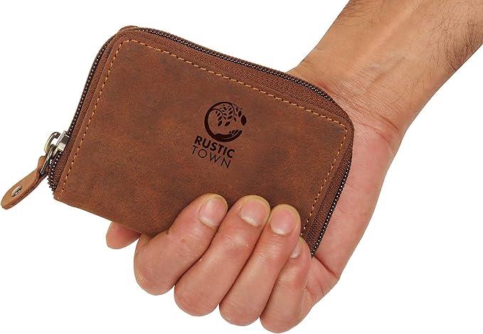 RUSTIC TOWN Leather Key Holder Case - Zippered Key Organizer Wallet with 8 Hooks for Keys, Cash & Card - Gift for Men Women
