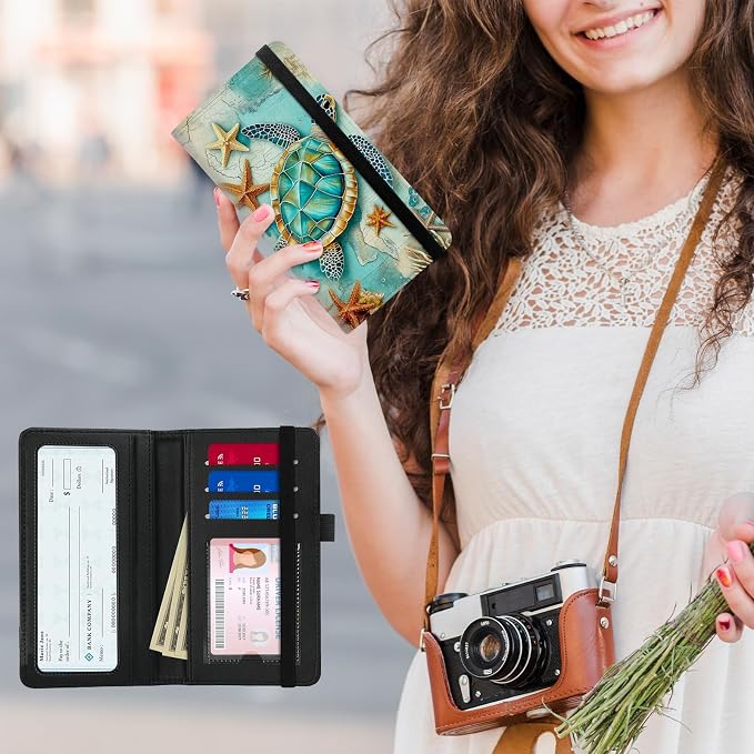 Premium PU Leather Checkbook Cover for Men & Women,RFID Blocking Slim Check Book Holder with Duplicate Check Divider & Pen Holder,Fits Standard Personal Checks,Retro Sea Turtle