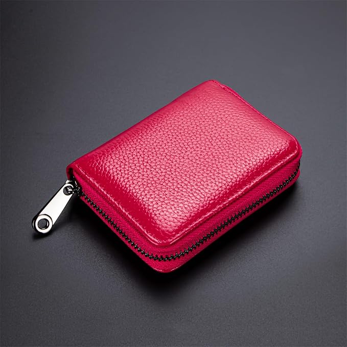 Suweibuke Genuine Leather Credit Card Holder Zipper Wallet RFID Blocking Secure Card Case ID Case Organizer (Rose Red)