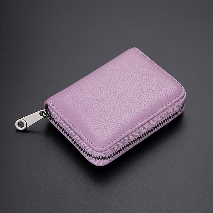 Suweibuke Genuine Leather Credit Card Holder Zipper Wallet RFID Blocking Secure Card Case ID Case Organizer (Light Purple)
