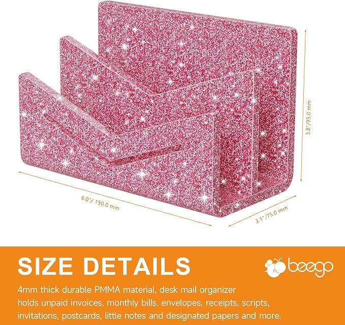 Beego Envelope and Mail Organizer Countertop - 2 Compartments Glitter Pink Acrylic Desk Organizer Letter Holder Desktop File Sorter Bill Document Folder Rack for Office, Home, School