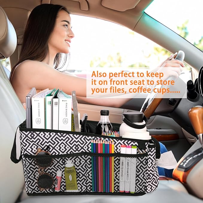 HEYSKAY Car Seat Organizer-Passenger Seat Organizer, Collapsible Small Car Seat Organizer for Console Front/Back, Car Caddy with 4pc Drink Holders Automotive Backseat Organizer for Kids
