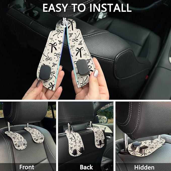 Blusabaca 2PCS Car Hooks for Purses Bags, Cute Black Ribbon Bow Seat Back Storage Headrest Holder Hanger PU Leather Double Metal Backseat Organizer, Women Car Accessories Organization