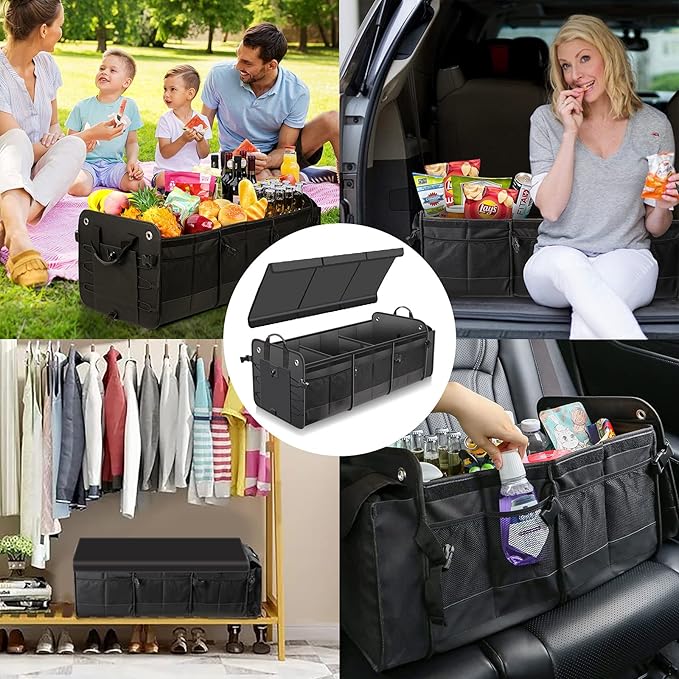Car Trunk Organizer with Lid & Removable Leakproof Cooler Bag,Foldable Cover,Large Trunk Organizers,Multi-Compartment Collapsible Cargo Storage Organizer for SUV,Van,Truck,Sedan(3 Compartments,Black)
