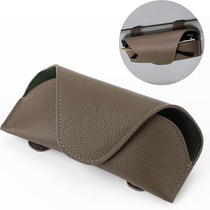 Magnetic Sunglass Holder for Car Visor Clip, Leather Car Glasses Holder, Visor Accessories Eyeglasses Holder Glasses Storage Case (02-Khaki)