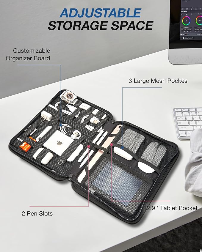 BAGSMART Water-Resistant Tech Organizer Bag for Electronics Accessories, Travel Storage Case Compatible with 12.9" Tablet, Charging Cable, Power Bank, Earphone, Grey