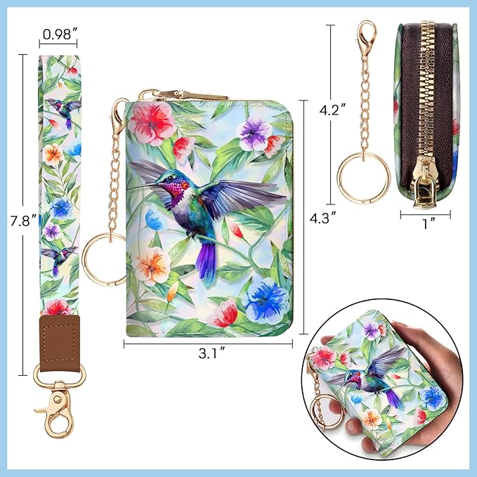 Blusabaca Credit Card Holder for Women, Bird Small RFID Blocking Wallet with Wristlet Strap, Keychain Wristlet Zipper Women Wallet, Leather Card Case, Accordion Card Wallet Purse with Key Lanyard