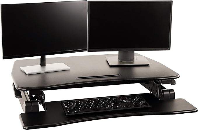 Standing Desk Converter 35 Inches - Height Adjustable Sit Stand Up Desk Riser fits Dual Monitors, Laptop Stand, Desktop Computer Station for Home Office with Pneumatic Spring - Black