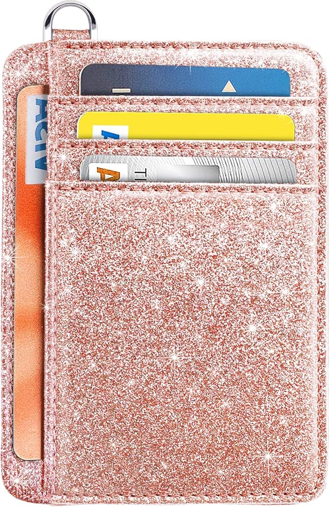 Coco Rossi Slim Front Pocket Wallet RFID ID Card Holder Cute Small Wallet with Keychian for Women,Rose Gold Glitter