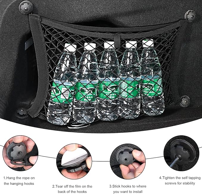 2 PCS Small Cargo Nets, 14"×10" Double Layer Car Organizer Net with Mounting Screws & Hooks, Stretchable Cargo Netting Storage Pouch for Car Truck SUV RV Boat Trunk
