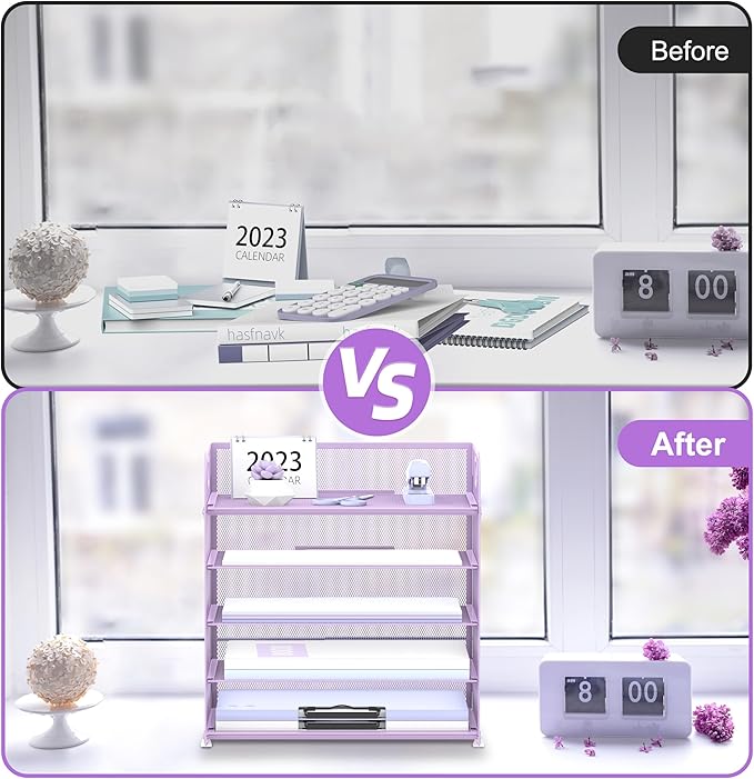 Supeasy 5 Trays Paper Organizer Letter Tray with Handle-Mesh Desk File Holders, Paper Sorter Desk Organizer for Office, Home, Classeoom or School, Purple