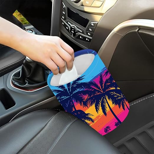 Car Garbage Bag Blue Palm Trees at Sunset Mini Car Trash Bin Portable Collapsible Waterproof Rubbish Bag for Car Accessories Back Front Seat Cup Holder