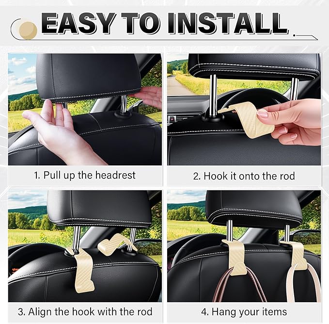 SINGARO Universal 4 Pack Car Seat Headrest Purse Hook, Carbon Fiber Back Seat Hook Storage Organizer Hanger for Purse Handbag Coat, Car Interior Accessories(Beige)