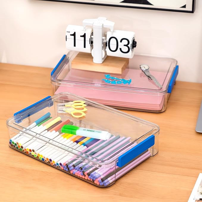 Citylife 6 Qt 9 x 13 Plastic Storage Bins with Lids and Latches, Portable Project Case for Drawers, Clear Stackable File Box for Organizing A4 Paper, Letters, Documents, Art Supplies, and Crafts