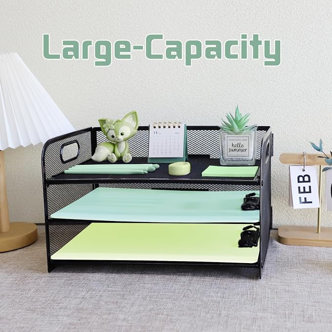 Paper Letter Tray with Handle, 3 Tier Metal Mesh Desk File Organizer, A4 Paper Desktop Filing Trays, Desk Tidy Magazine Document Holder for Home Office, Black