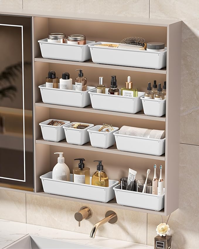 KEMETHY 25 PCS Plastic Drawer Organizers Set, 4 Sizes Vanity Organizer, Makeup and Desk Drawer Organizer Trays, Organization and Storage for Makeup, Bathroom, Kitchen Utensils and Office (White)
