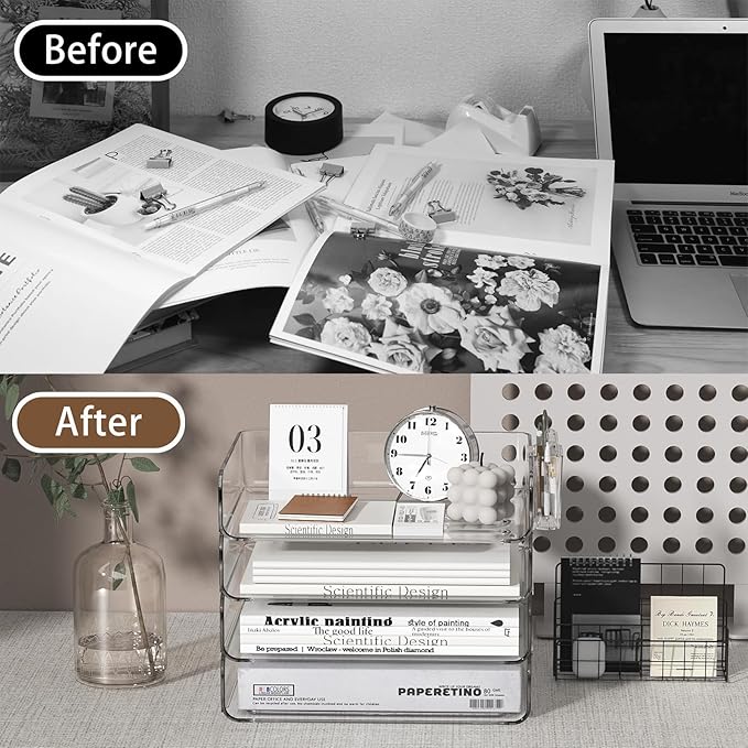 FANXIYQ 4-Tier Horizontal Acrylic Paper Tray Organizer with Pen Holder | Clear Stackable Desk Organizer for Documents, Letters, A4 Paper | Modern Office/Classroom/Home Organization