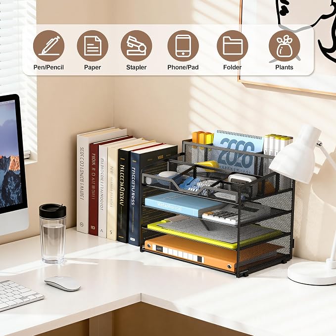 Docnest 4 Tier Mesh Desk Organizer, Multi-Functional Paper Letter Tray with 5 Adjustable Compartments & 3 Pen Holders - Space-Saving Desktop Storage for Office Files, Mail, Stationery - Black