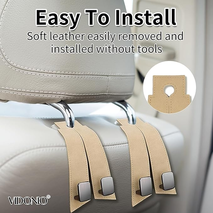 Vidonio Upgrade Seat Back Hooks, Suede Headrest Hooks & Phone Holder, Purse Hook for Car Organizers, Universal Hidden Multifunctional Hooks (Beige 2pcs)