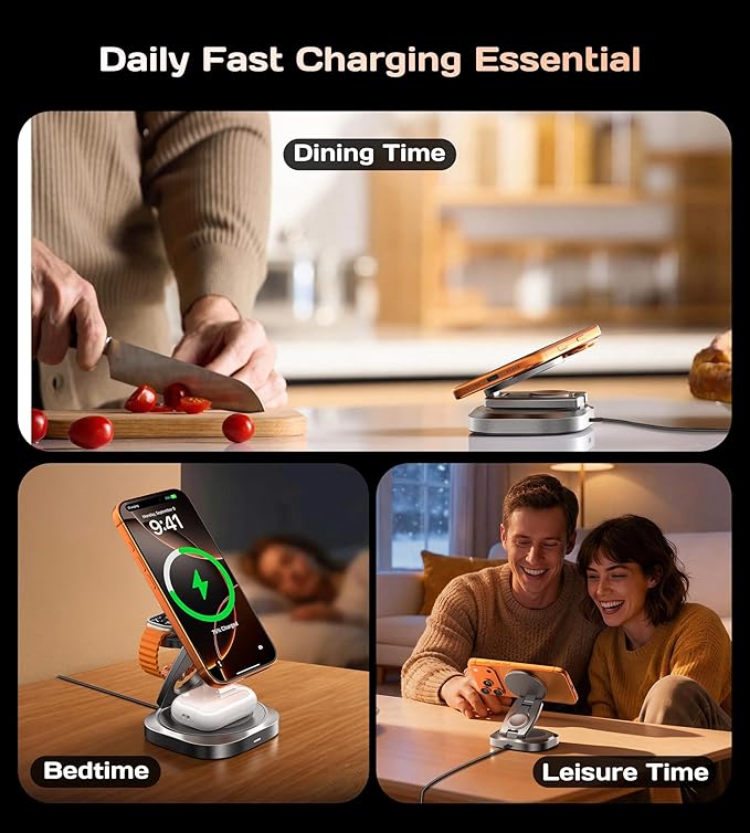 Qi2.2 25W 3-in-1 Wireless Charger for iPhone 17/16 Series, Foldable Wireless Charging Station Compatible with MagSafe, 360° Swivel Zinc Alloy Base for Apple Watch & AirPods (45W Adapter Included)